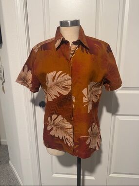 Y2K Blassport Tropical Leaf Print Button-Up Shirt in Rust & Cream